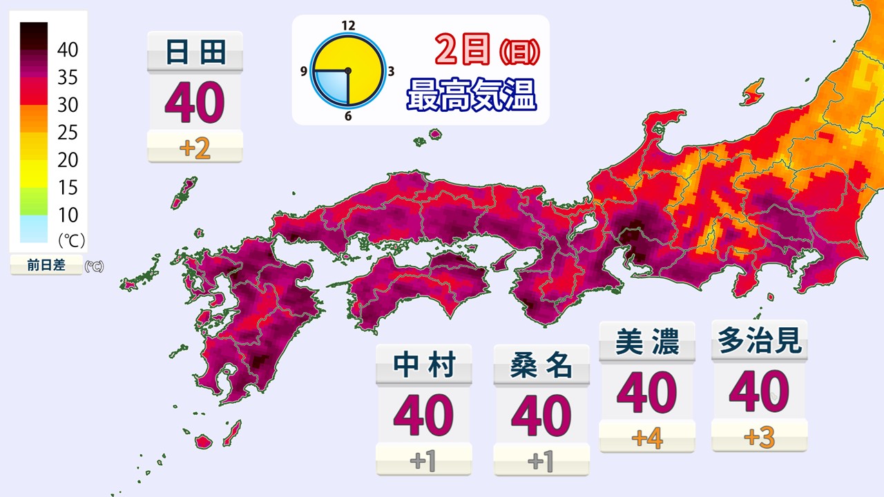 【酷暑日】観測史上初！8/2(日)の最高気温は東海〜九州に掛け40℃以上 (300地点で35℃以上予想)